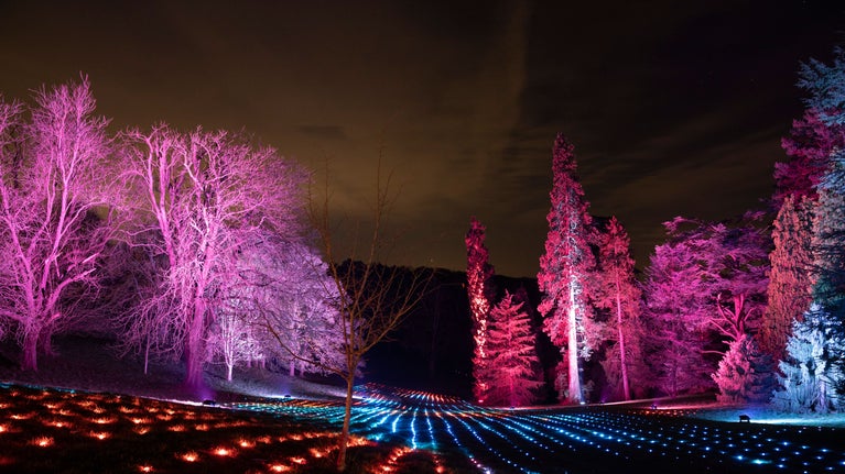 Coloured lights illuminating the front of the manor at Waddesdon